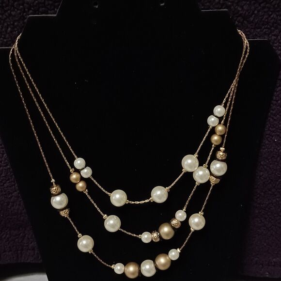 New York & Company Jewelry - Vintage NY Gold-Toned Faux Pearl and Gold Beaded 3-Layer Necklace, 20"